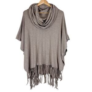 Lovestitch Poncho Sweater Womens OS Tan Fringe Cowl Neck Boho Earthy Lagenlook